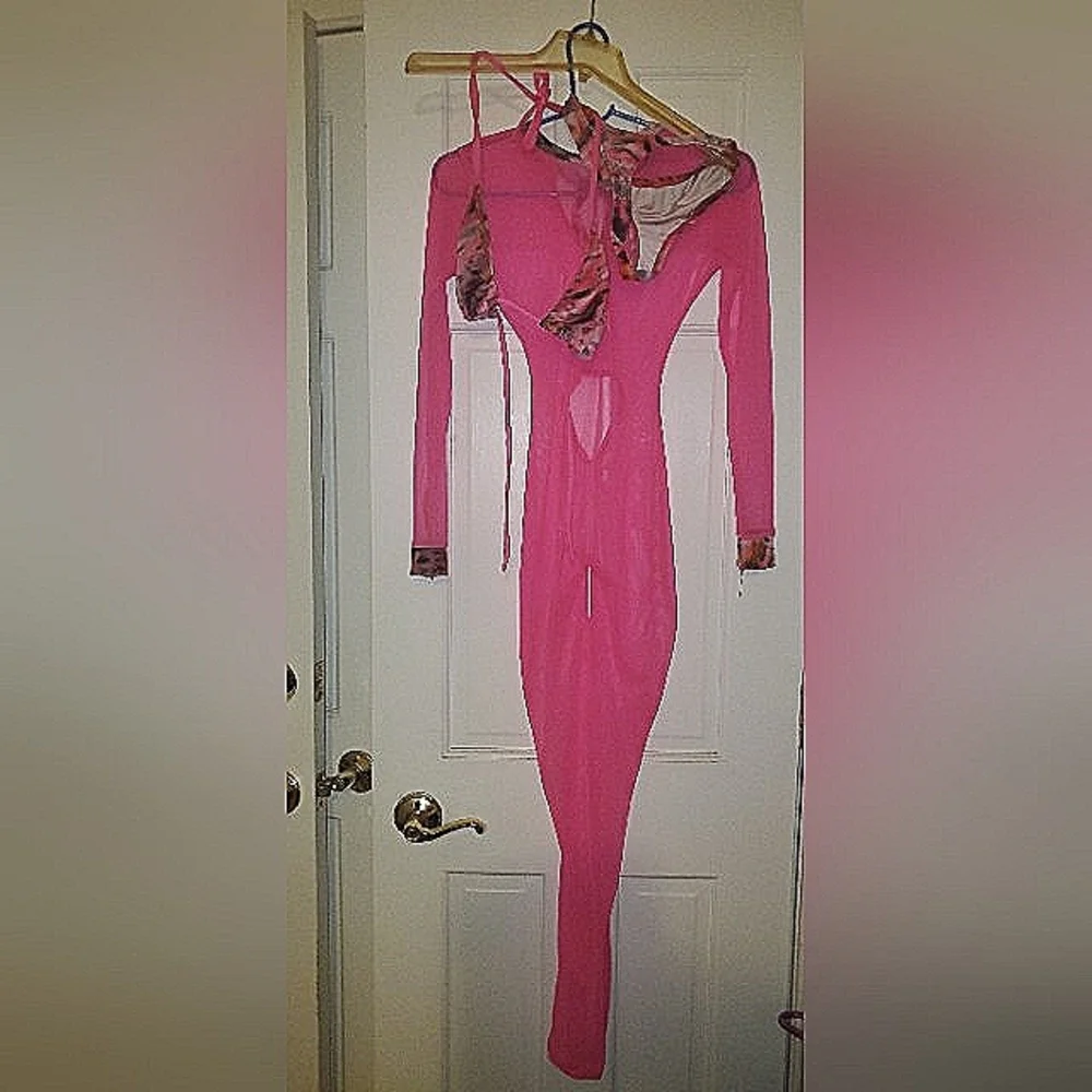 3 pieces Jumpsuit with top and bottom bikini  Bartender dancer outfit S hot Pink - Picture 3 of 12